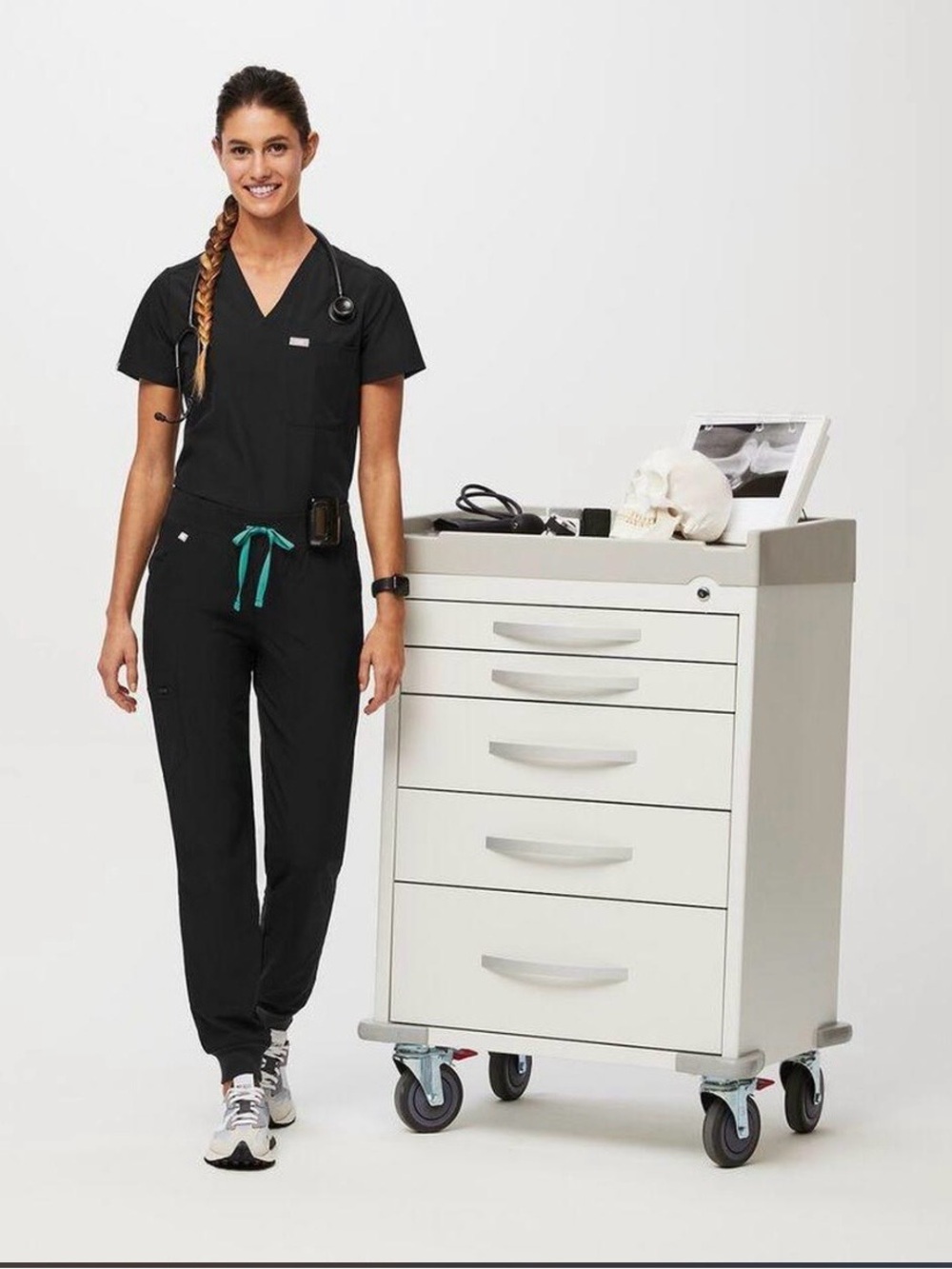 Figs Women's Black Jogger Scrub Pants with Teal Drawstring